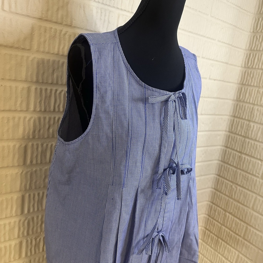 CeCe Gingham Blue Tie Top Boxy M Grandma Core Sleeveless Preppy Pleated Cotton - Picture 2 of 5